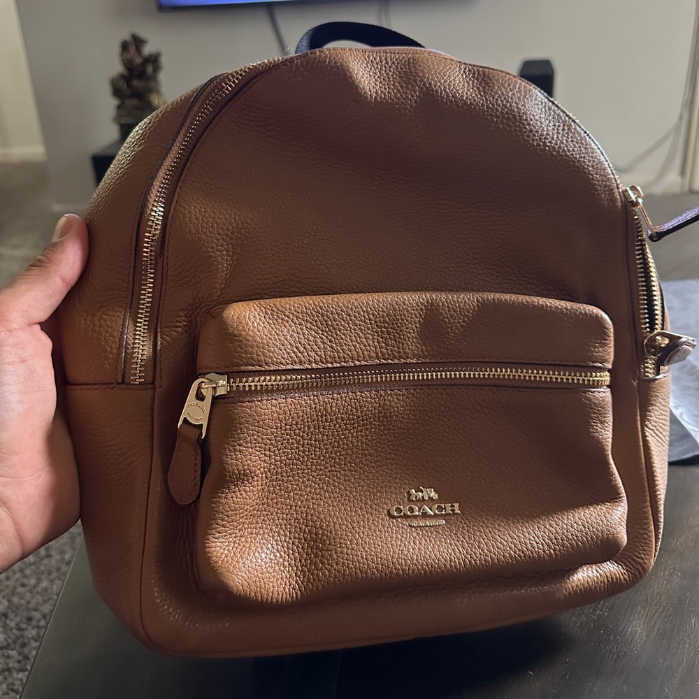 Coach Tan Leather Backpack with Gold Accents